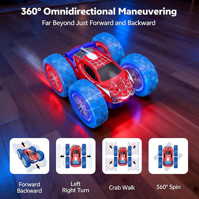 RC Cars Spider Toys for Kids 4-12 4WD Remote Control Car Spider Toy Gift Double Sided Stunt Car With LED Lights 2.4GHz 360° Flip &amp Spin/Rotation 60 Mins Playtime Gift for Kids Boys Beginners