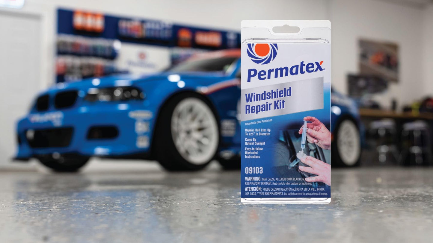 Permatex 09103 Automotive Windshield Repair Kit For Chipped And Cracked Windshields. Permanent Air-Tight Repairs, With Repair Syringe & Plunger, 9-piece Kit
