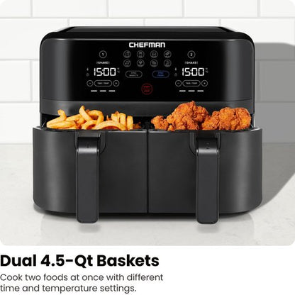 Chefman TurboFry Touch Dual Air Fryer, Maximize The Healthiest Meals With Double Basket Capacity, One-Touch Digital Controls And Shake Reminder For The Perfect Crispy And Low-Calorie Finish