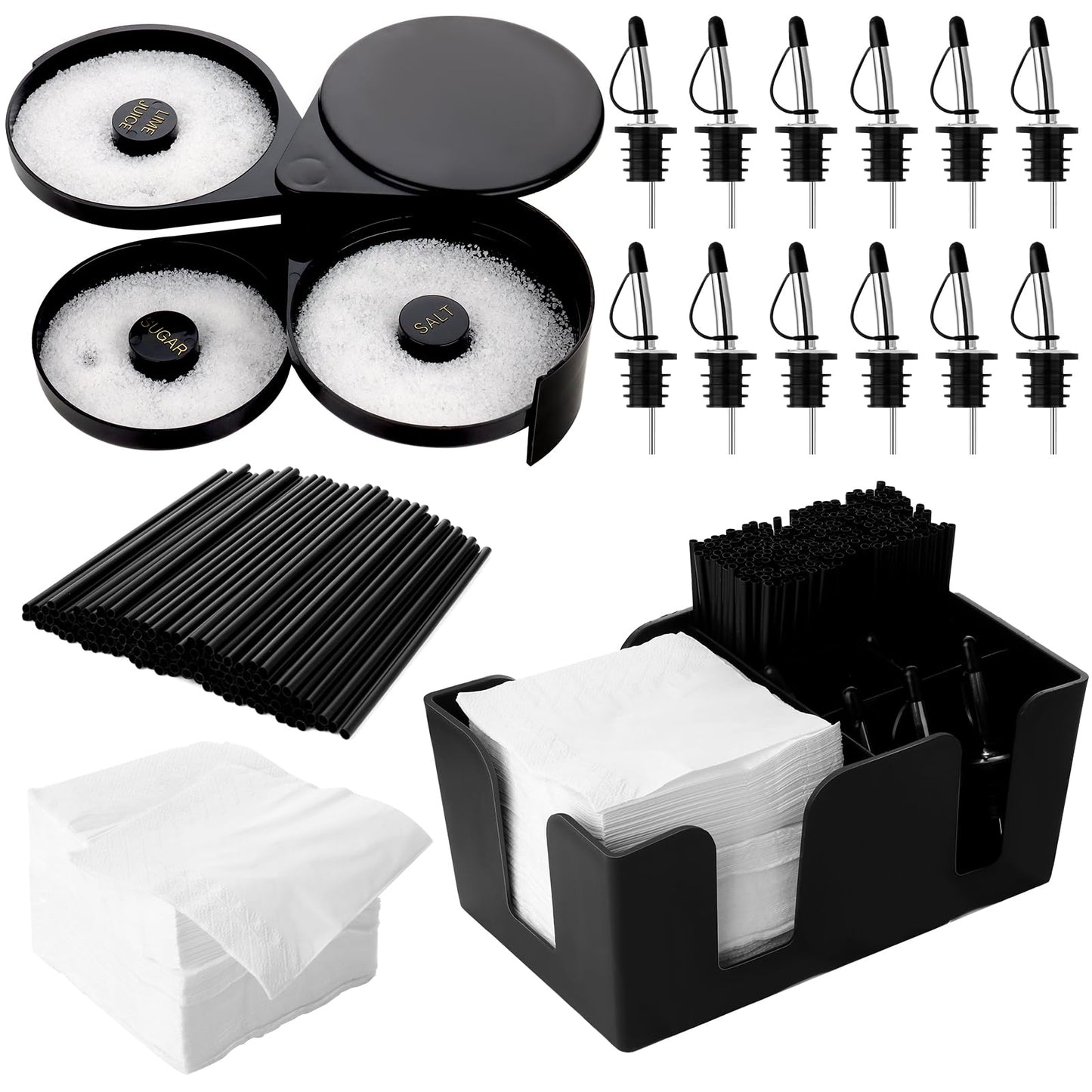 3 Tier Bar Glass Rimmer Bartender Tool Accessories with 12 Pcs Stainless Steel Liquor Pour Spout Garnish Caddy with 6 Compartment and 200 Pcs Napkin,500 Black Cocktail Straws