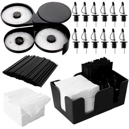 3 Tier Bar Glass Rimmer Bartender Tool Accessories with 12 Pcs Stainless Steel Liquor Pour Spout Garnish Caddy with 6 Compartment and 200 Pcs Napkin,500 Black Cocktail Straws