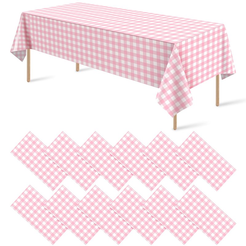 12Pack Pink and White Plastic Checkered Tablecloth, Premium Decorative Disposable Pink Gingham Plaid Table Cloths for Parties, Rectangle Party Table Cover for Picnic Farm Birthday Wedding, 54x108 Inch