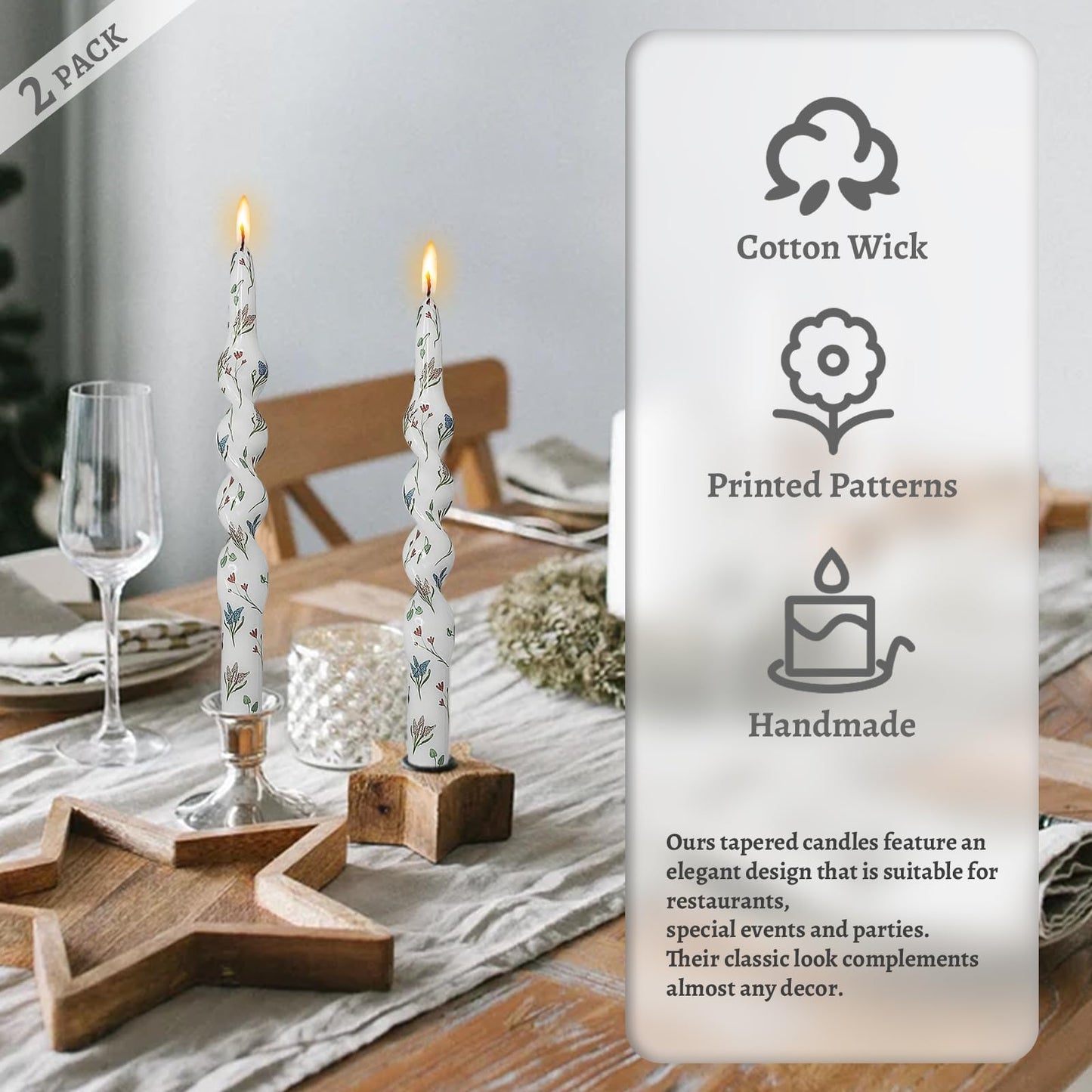 Unscented Floral Taper Candle Spiral Candlesticks - Set of 2 Trefoil Handmade Twisted Candle 10 Inch Long Candle Sticks Print Tapered Candles for Home Wedding Dinner