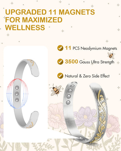Feraco Copper Bracelet for Women, Ultra Strength Magnetic Bracelets, 99.99% Pure Copper Cuff Bangle with 3500 Gauss Neodymium Magnets, Adjustable (Silver & Gold)