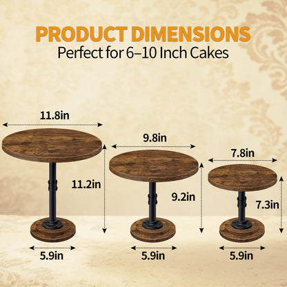 LLAXERGU Cake Stand Rustic Industrial Wood Round Cupcake Stands Cake Stand Set of 3 Dessert Table Display Set Serving Tray Decoration for Birthday Celebration Party Baby Shower