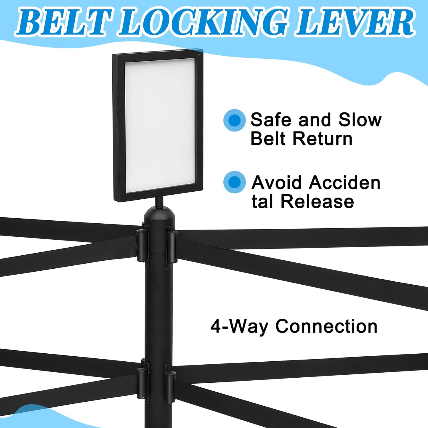 Wonderjune 6 Pcs Crowd Control Stanchions Set Stainless Steel Barrier Post with Dual Retractable Belt 9.8 ft and 1 Sign Holder Crowd Safety Control Barrier Solid Base Easy Connect Assembly