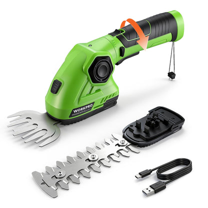 WORKPRO Cordless Grass Shear & Shrubbery Trimmer - 2 in 1 Handheld Hedge Trimmer 7.2V Electric Grass Cutter 2.0Ah Rechargeable Lithium-Ion Battery and USB Cable Included