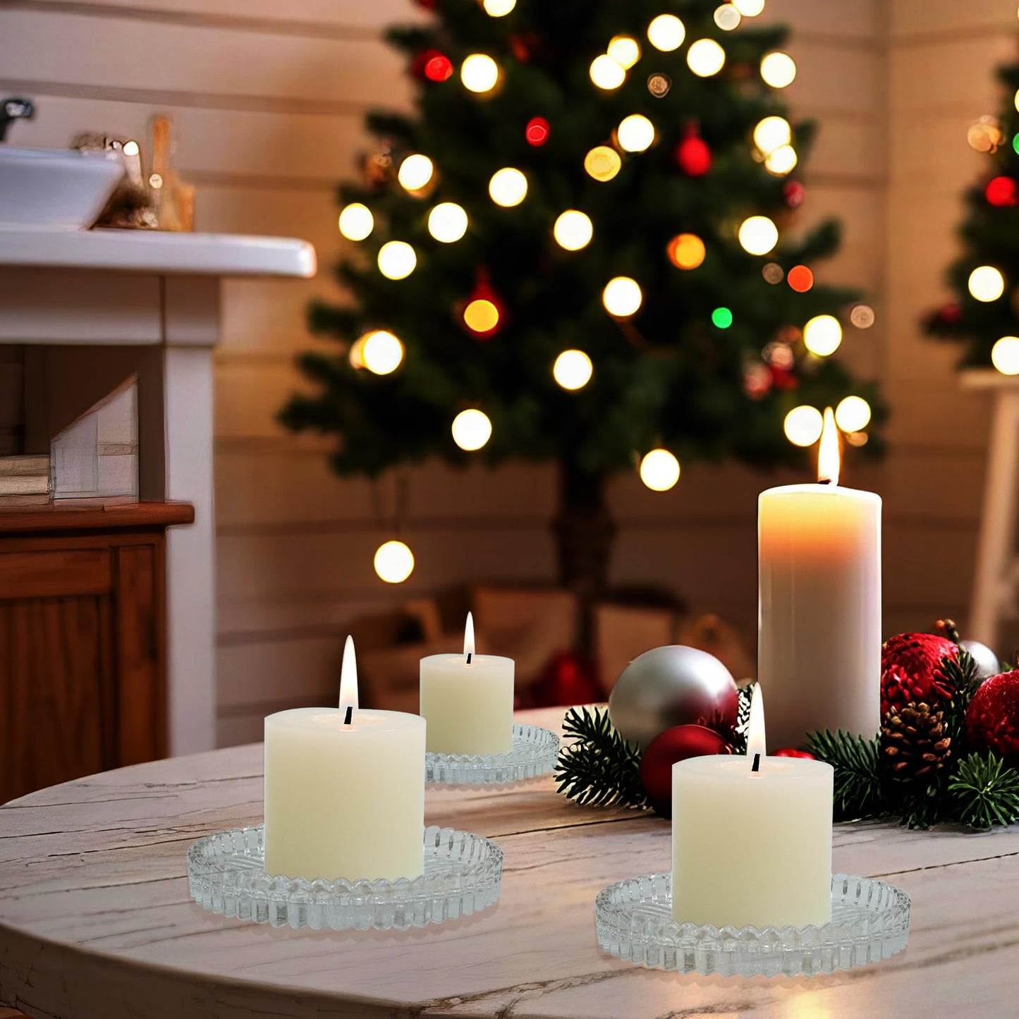 Jollyhilan Candleholder Glass Candle Holder Plates Set of 6, Round Glass Candle Tray Plates for Dining Wedding Christmas Party Evening Light, Clear