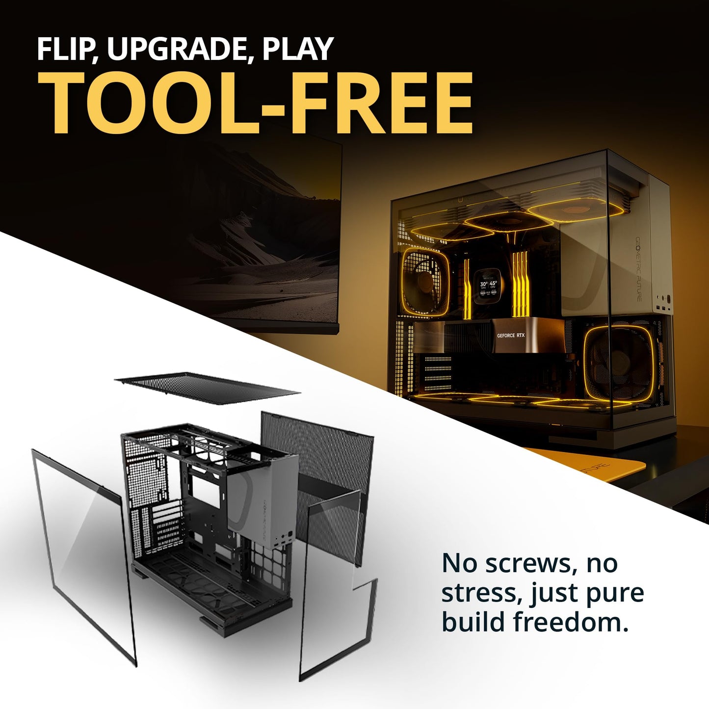 Geometric Future M5 Tempered Glass Mid Tower, E-ATX/ATX Gaming Case, 1.2mm Steel, Type C, Toolless Panels, Support 420/360 Radiator, ARGB PWM 140m Fan x 5 Pre-Installed, Black/Grey, GEO-M5F-BG