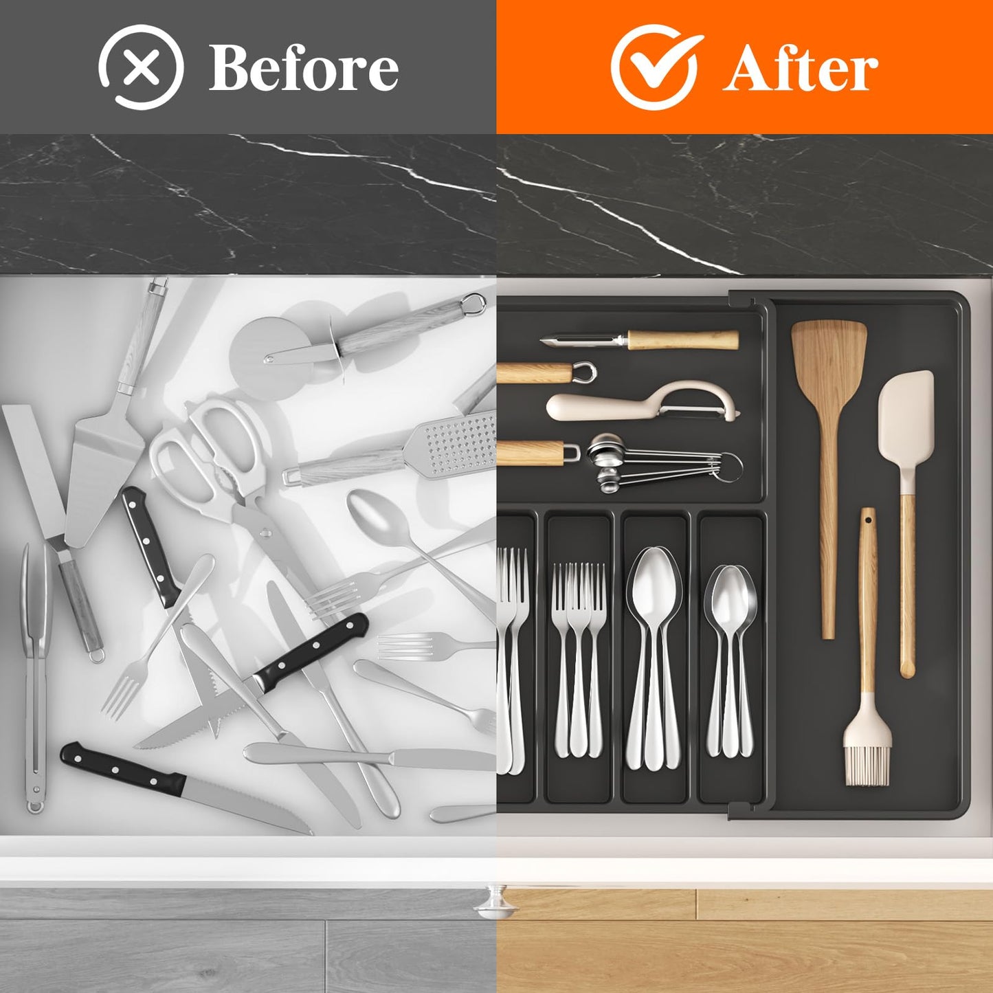 Lifewit Silverware Drawer Organizer, Expandable Utensil Tray for Kitchen, BPA Free Flatware and Cutlery Holder, Adjustable Plastic Storage for Spoons Forks Knives, 8.5"-14.1" x 12.1", Black