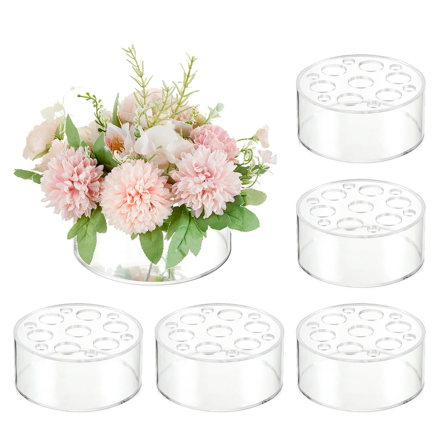 Glasseam Acrylic Flower Vase for Centerpieces: Set of 6 Wedding Party Dining Room Table Decorations, Cylinder Round Clear Vases with 13 Holes (5.9in)