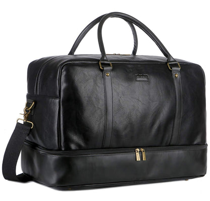 BAOSHA Vegan Leather Large Travel Duffel Tote Bag Carry On Weekender Overnight Bag With Shoe Compartment HB-38 (Black)
