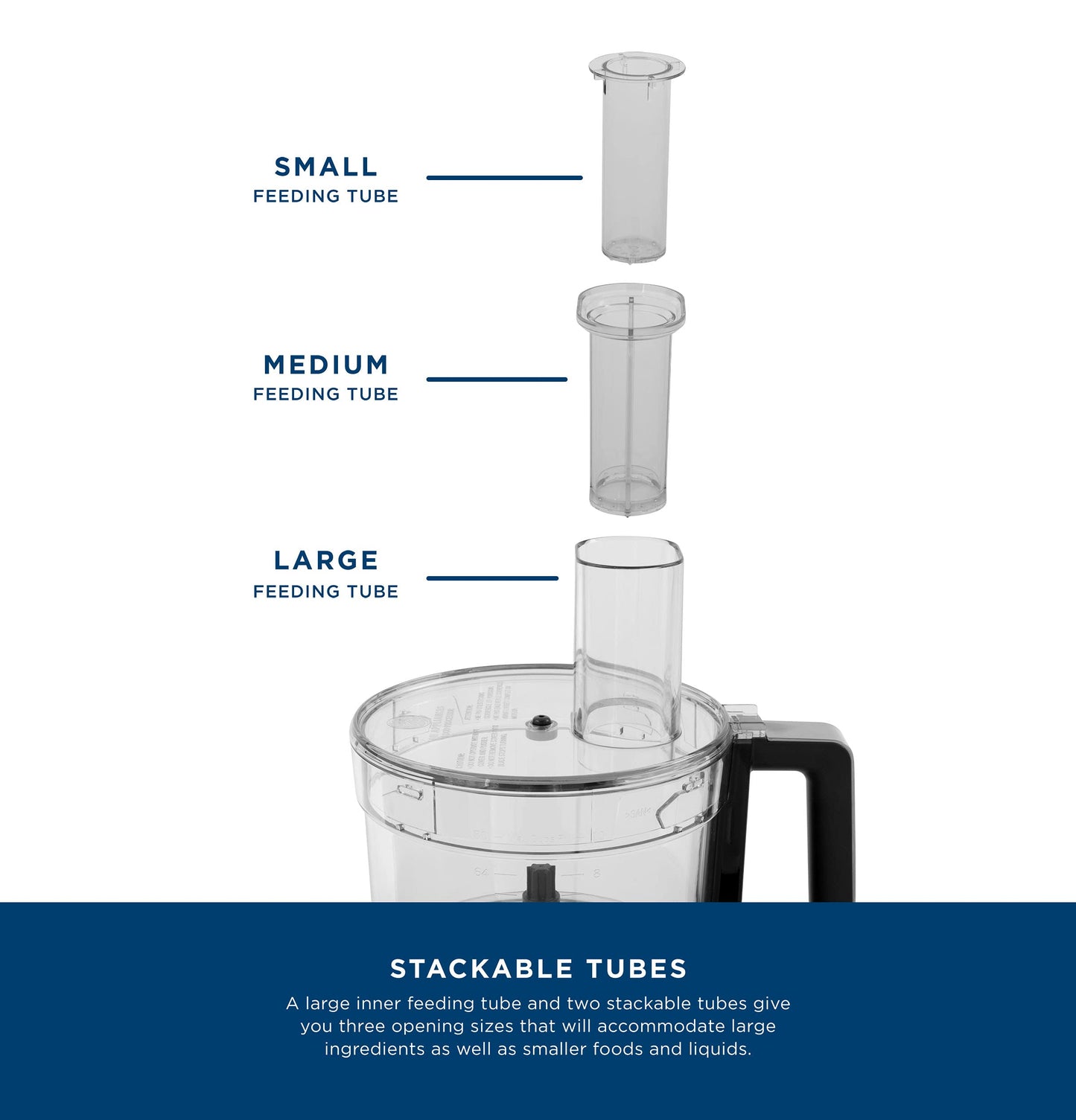 GE Food Processor | 12 Cup | Complete With 3 Feeding Tubes & Stainless Steel Accessories - 3 Discs + Dough Blade | 3 Speed | Great for Shredded Cheese, Chicken & More | Kitchen Essentials | 550 Watts