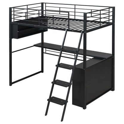 Merax Twin Size Metal Loft Bed with LED, Desk, 4 Storage Shelves, Full-Length Guardrails and Ladder for Kids Teens Adults, Black