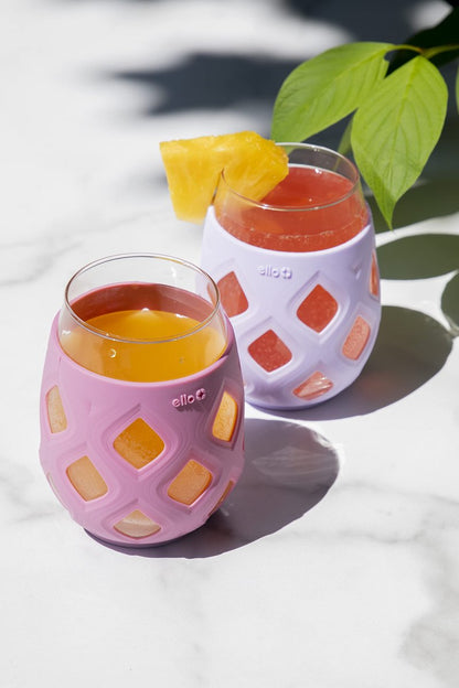 Ello Cru 17oz Stemless Wine Glass Set with Protective Silicone Sleeves, 4 Pack Cocktail Glass Perfect for Summer Patios and Parties Holiday Gifting Her Him Mother's Day, Dishwasher Safe, Cashmere Pink