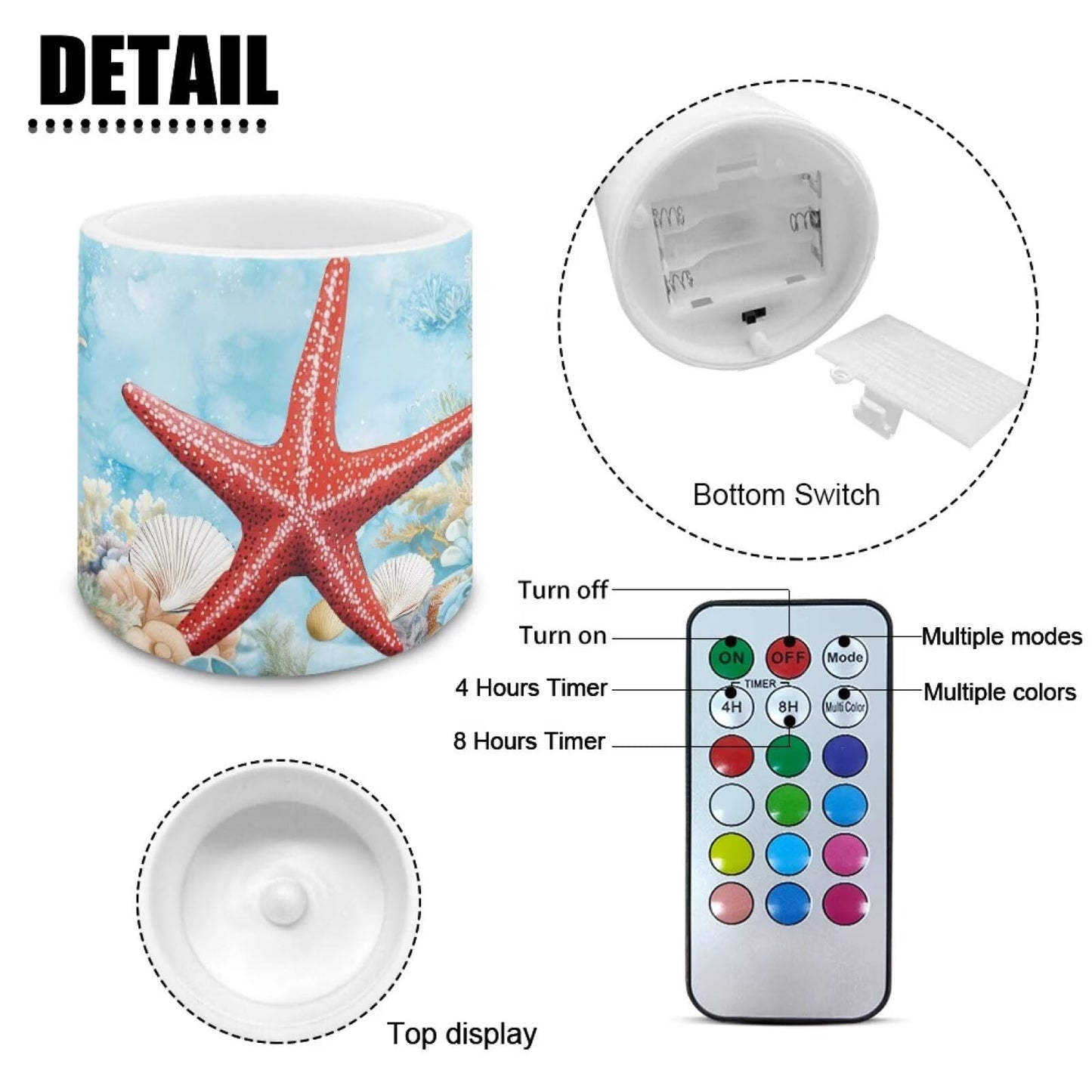 NETILGEN 4 Packs Decorative Flameless LED Candles Red Starfish Print Color Changing Battery Operated Flickering LED Pillar Candles with Remote Timer Control