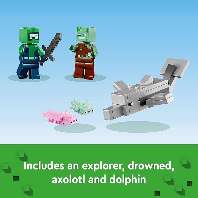 LEGO Minecraft The Axolotl House 21247 Building Toy Set Creative Adventures at a Colorful Underwater Base Includes a Diver Explorer Dolphin Drowned and More Minecraft Toy for 7 Year Old Kids