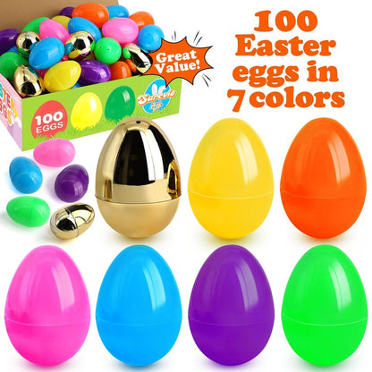 [6 Surprise Golden Eggs] 100 Pack 3 Inch Large Easter Eggs, Empty Easter Eggs Fillable, Bright Colors Plastic Eggs Bulks for Easter Hunt, Easter Party Favor, Basket Stuffers Fillers