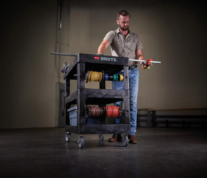 Rubbermaid Commercial Brute 3-Shelf Heavy-Duty Utility/Service Cart, Medium, High Storage, Lipped Shelves, Ergonomic Handle, 600 lb. Capacity, Ideal for Warehouse/Garage/Cleaning/Maintenance/Office