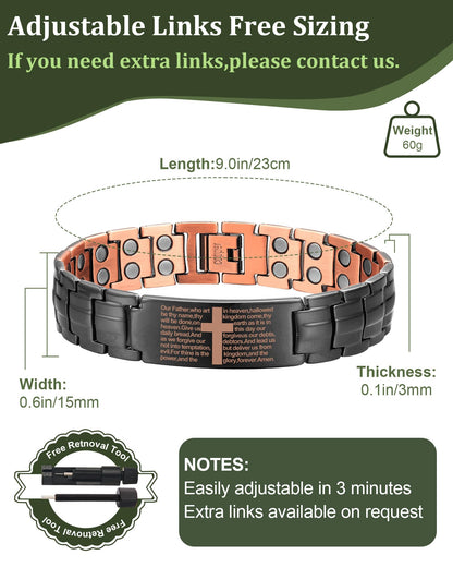 Fashtour Copper Cross Bracelet for Men - Ultra Strength Magnetic Mens Cross Jewelry Set - Adjustable Magnetic Bracelet with Sizing Tool Jewelry Box(Black)