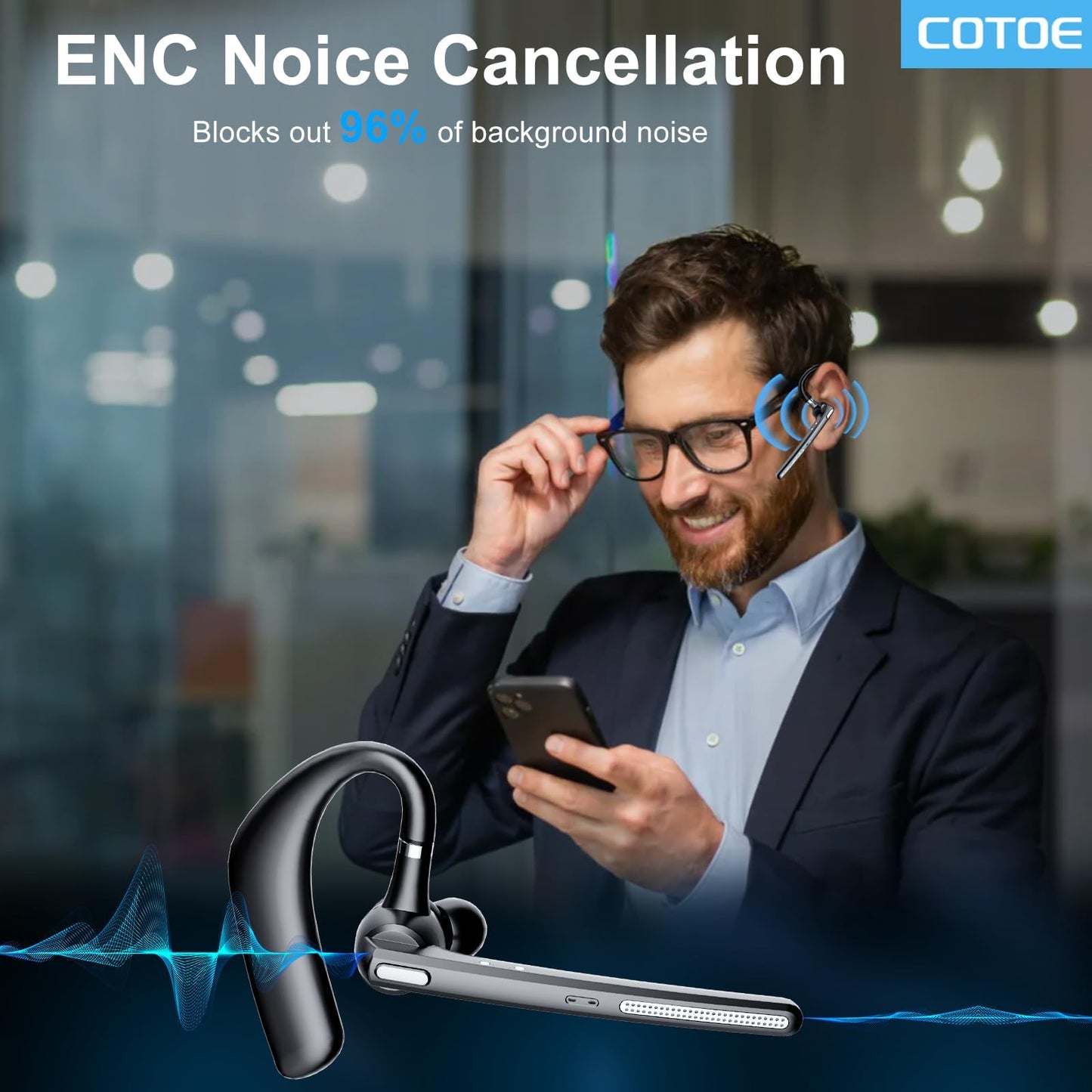 COTOE Bluetooth Headset V5.3, Wireless Earpiece with 500mAh Charging Case 72Hrs Talking Time Hand-Free Headphones with Noise Canceling Mic for Office/Driving/Business,Black