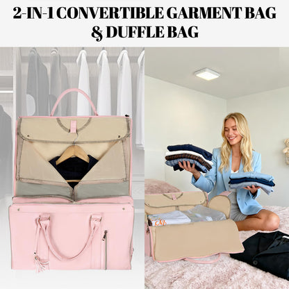 Geestock Convertible Garment Duffle Bags for Travel, Carry On Garment Bag with Shoe Pouch & Shoulder Strap - PU Leather Foldable Travel Duffle Bags 2 in 1 Hanging Dress Suitcase Suit Bag, Pink