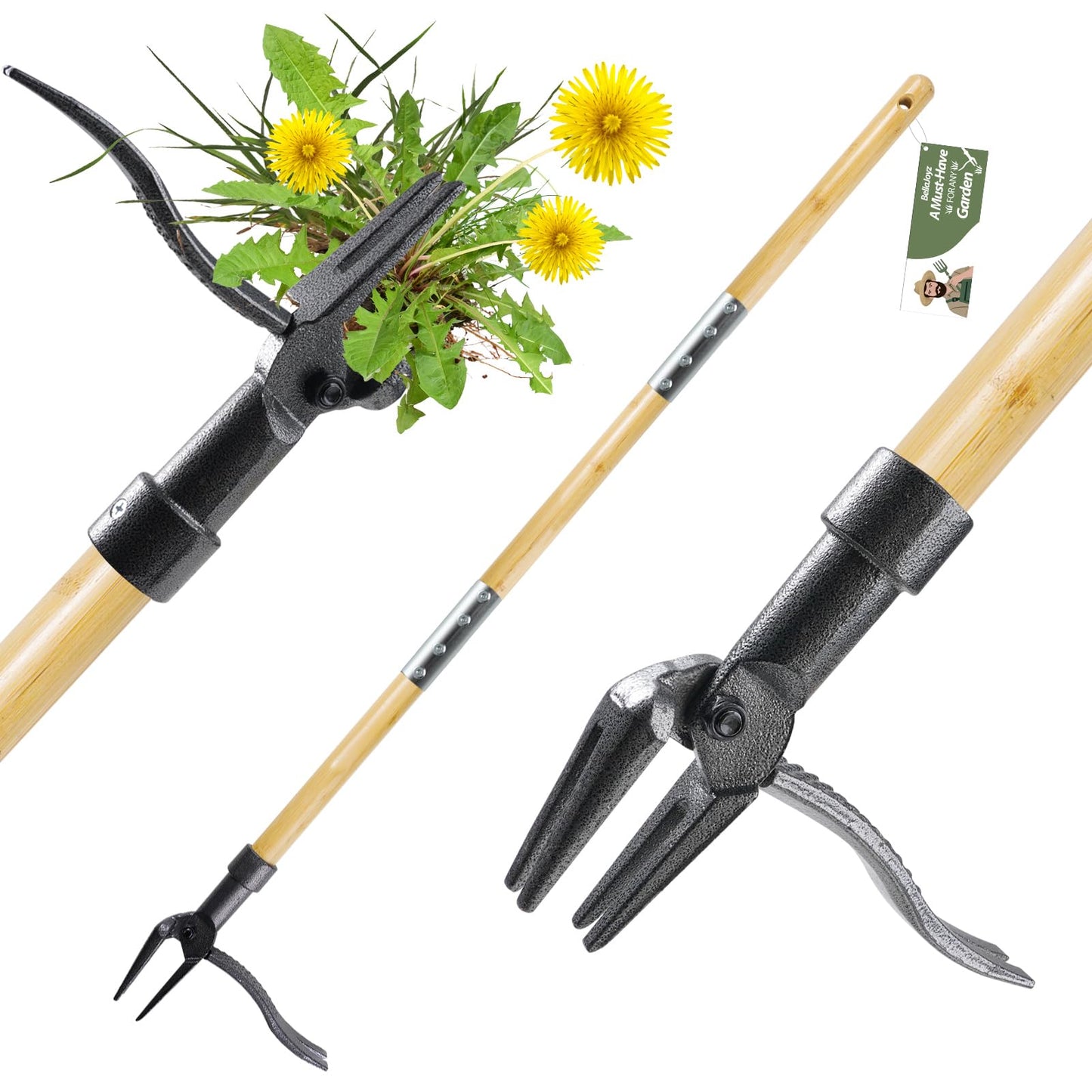BellaJoyz Weed Puller Tool, Stand Up Heavy Duty Weed Remover Tool with Long Handle & 4-Claw Steel Head, Bamboo Garden Hand Weeding Tool - Easily Remove Weeds Without Bending, Pulling,or Kneeling