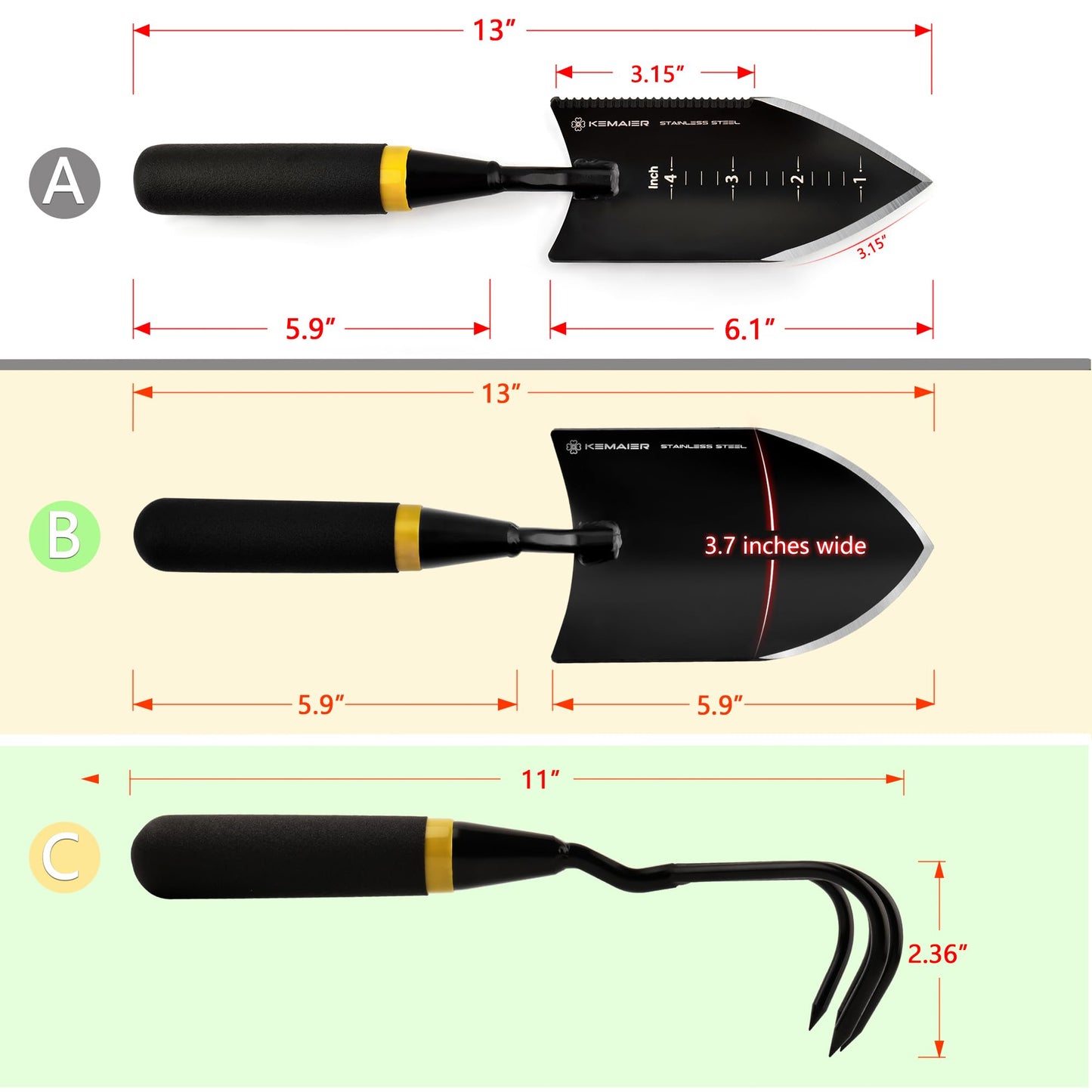 KEMAIER Heavy Duty Stainless Steel Garden Tool Set - Thoughtfully Crafted for Outdoor Patio Use, Perfect for Both Men and Women. Includes Gardening Trowel, Transplanting Shovel, and Hand Cultivators