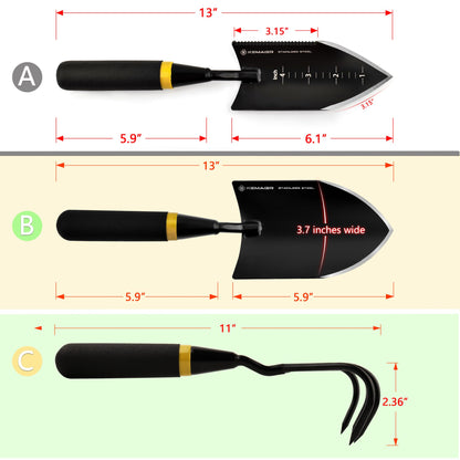 KEMAIER Heavy Duty Stainless Steel Garden Tool Set - Thoughtfully Crafted for Outdoor Patio Use, Perfect for Both Men and Women. Includes Gardening Trowel, Transplanting Shovel, and Hand Cultivators