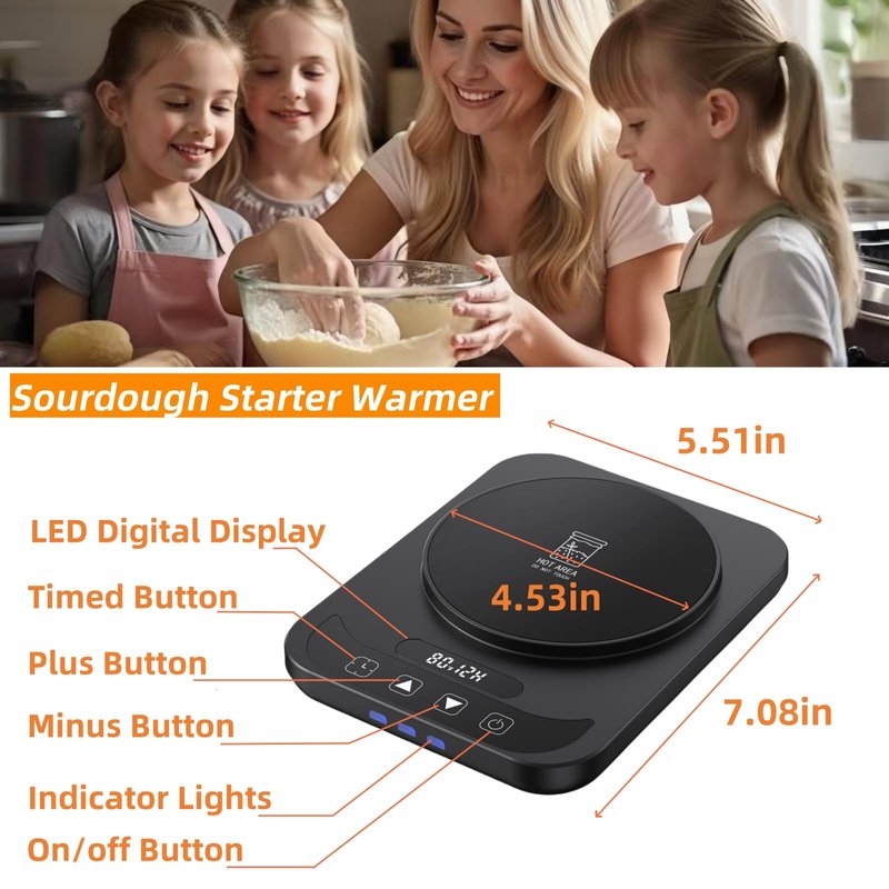MADCKDEDRT Sourdough Starter Warmer Mat - 12H Timer & Precise 1°F Thermostat (70-100°F) - Auto On/Off -Sourdough Heater for Home Baking & Consistent Fermentation (Black)