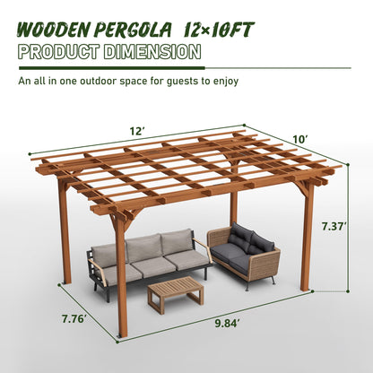 Outdoor Wooden Pergola, Fir Wood, 12x10 Ft, for Patio, Backyard, Garden, Lawn, Natural Brown