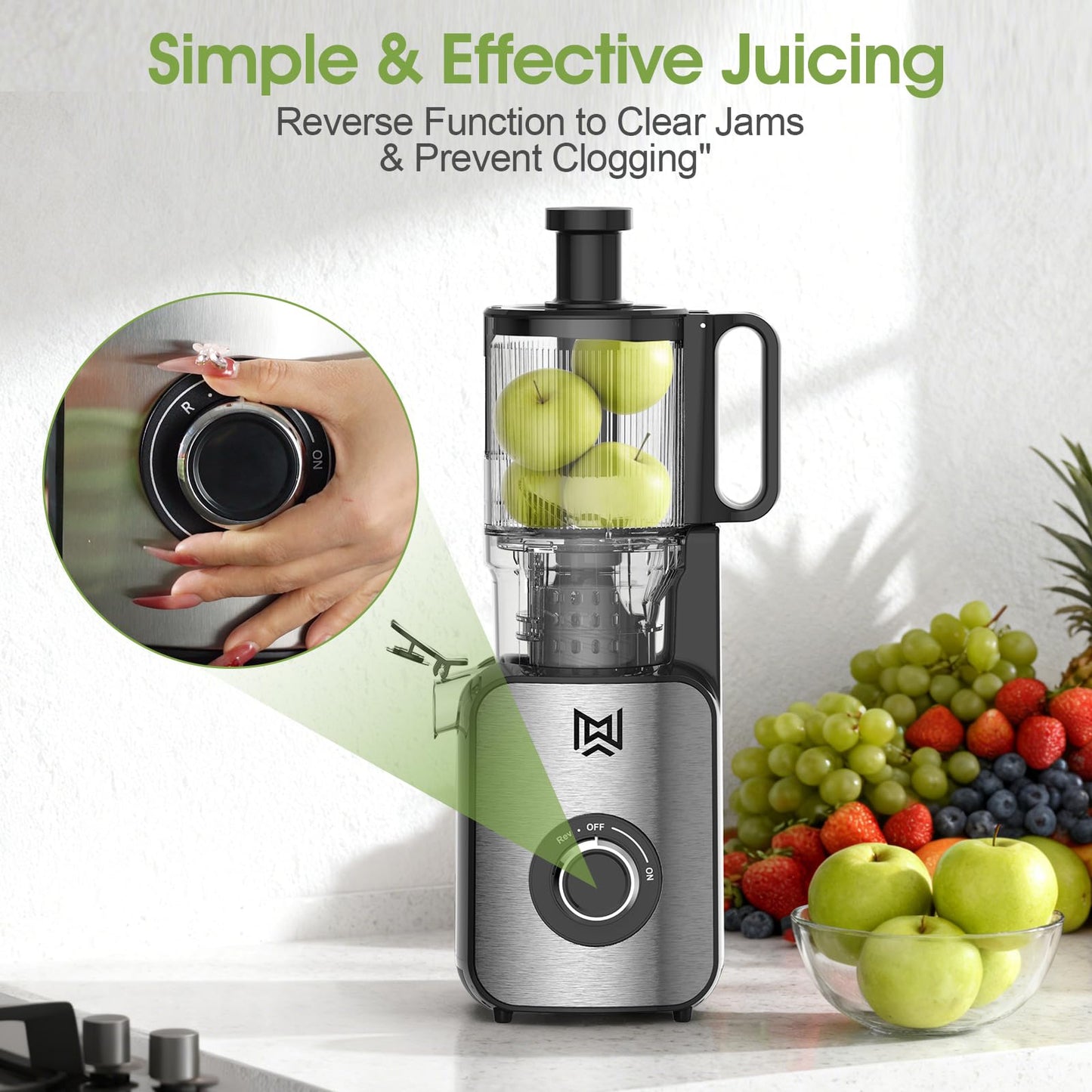 IWODTECH Cold Press Juicer,Stainless Steel Material,Juicer Machines with 5.0Inch Wide Feed Chute,Slow Masticating Juicer for Vegetables and Fruits with High Juice Yield,Large Auger,Easy to Clean