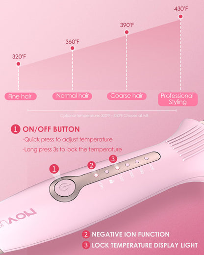 NOVUS Ionic Hair Straightener Brush, 4 Temps & 30s Heating & Auto-Off, Anti-Scald Ceramic Straightening Comb Fast Heating for Home Salon, Less Frizz & Smoother Hair for All Hair Types