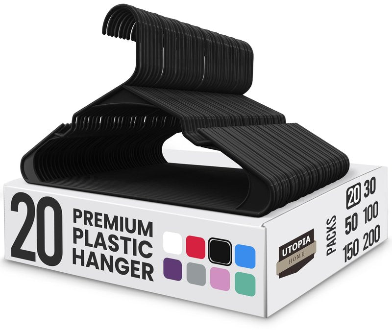 Utopia Home Plastic Hangers 20 Pack - Perfect Space Saving Clothes Hanger - Durable and Strong - Perfect Closet Organizers with Shoulder Grooves (Black)