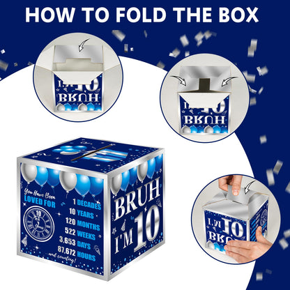 Turypaty 10th Birthday Decorations Pull-Out Money Gift Box for Boys Girls - Blue Sliver Happy 10th Birthday Party Cash Gift Box with Pull-Out Card - A Fun and Loving Way to Offer Cash Present