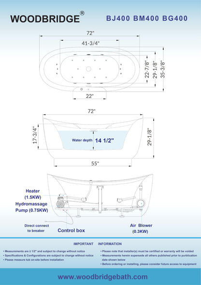 WOODBRIDGE 72" x 35-3/8" Whirlpool and Air Bath Heated Soaking Combination Tub with Adjustable Speed Air Blower and Display Control Panel, Brushed Gold Finish Trim and Drain Kit, BG400