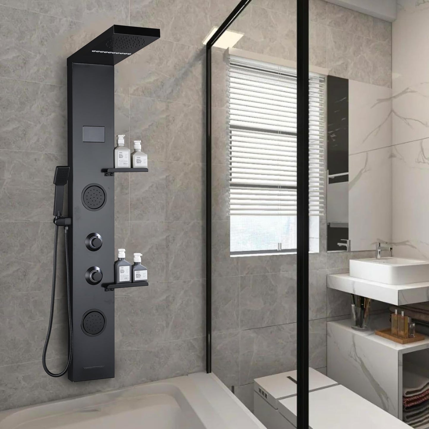 RUITHOE LCD Temperature Display Rainfall Shower Panels Tower System with Storage Shelf, Matte Black LED Light 304 Stainless Steel with Handheld Massage Body Jets Water Waterfall Bathtub