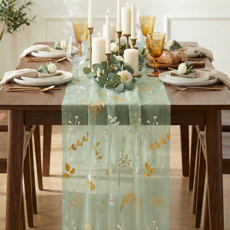 Artoid Mode Gold Floral Leaves Gauze Table Runner 10FT, Glitter Metallic Foil Sheer Dining Wedding Anniversary Birthday Table Decor for Home Party,Sage Green