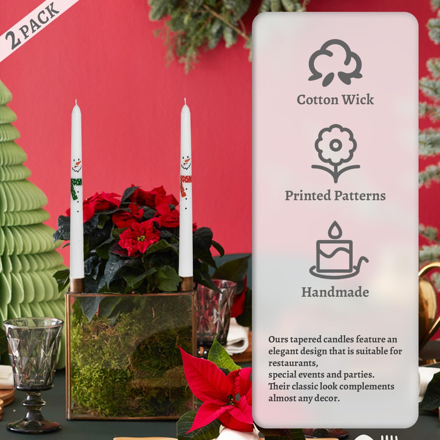 Floral Taper Candles 10 Inch Tall Unscented Handmade Snowman Print Long Burning Elegant Candlesticks for Christmas Decor Gifts