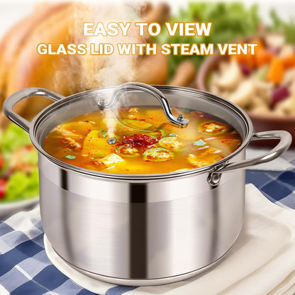 Kirecoo Stainless Steel Stock Pot - 12 Quart Heavy-Duty Nonstick Cooking Pot with Visible Lid | Ideal for Pasta, Soup, and Canning