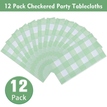 Kesfey 12 Packs Sage Green Gingham Tablecloth Sage Green and White Checkered Table Cloths 54 x 108 Inches Disposable Plastic Gingham Tablecovers Waterproof Picnic Camping Table Covers for Baby Shower