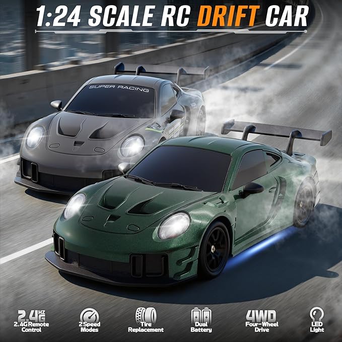 RC Drift Car 1:24 4WD Remote Control Cars Vehicle with LED Light2.4GHz 20KM/H High Speed RC Cars with Two Batteries &amp Drifting Tires Racing Sport Toy for Adults Boys Girls Kids