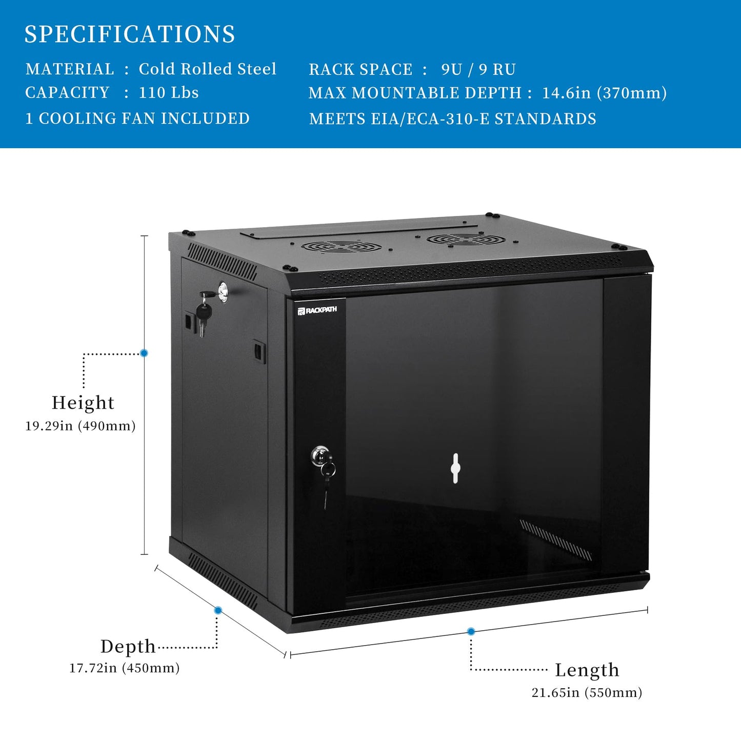 RackPath 9U Wall Mount Network Rack Cabinet – Quiet Cooling Fan, Locking Glass Door, 17.7" Deep (450mm), Removable Locking Side Panels, Fits 19" IT & A/V Equipment