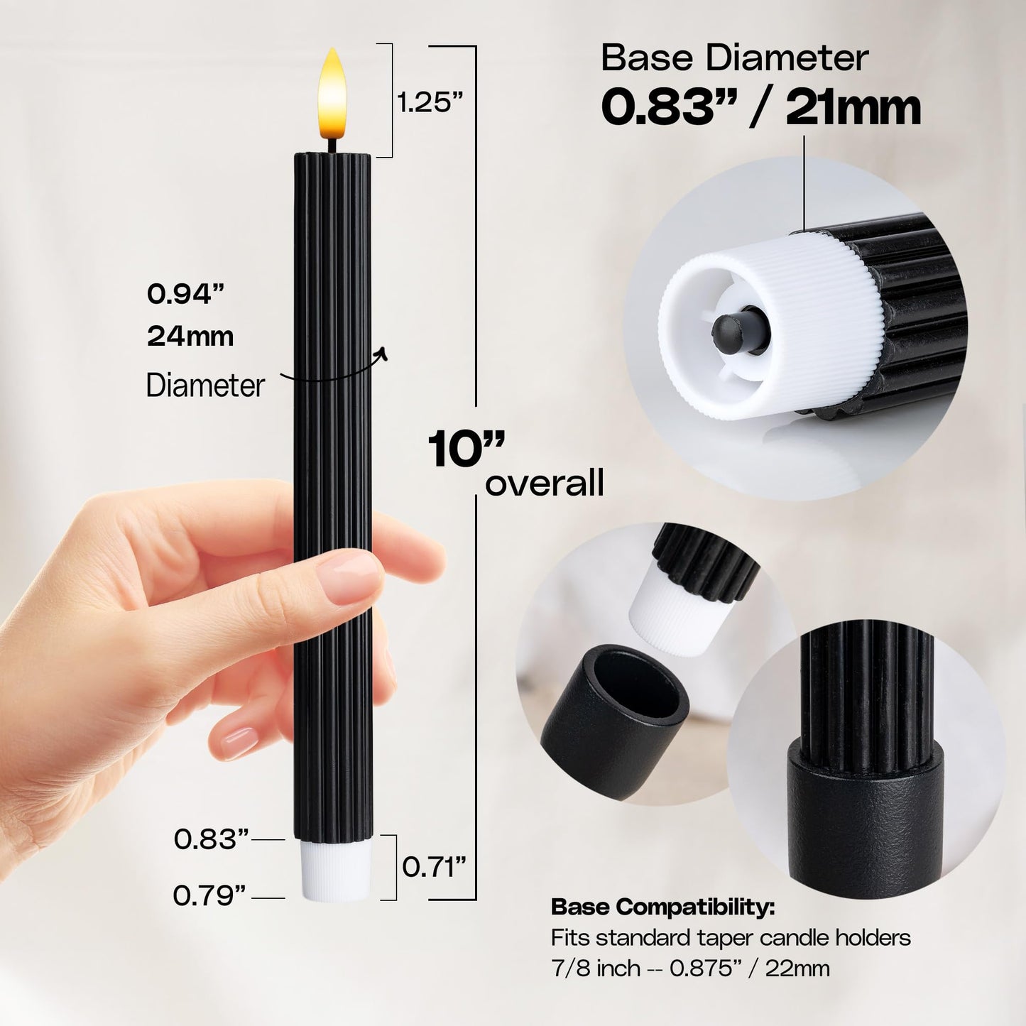 West Ivory 6 Pack, 10" LED Flameless Black Fluted Ribbed Grooved Taper Candles, Remote & 24h Timer Memory, On/Off Button, Dimmable, Flicker Mode, Battery Operated, Christmas Menorah Wedding