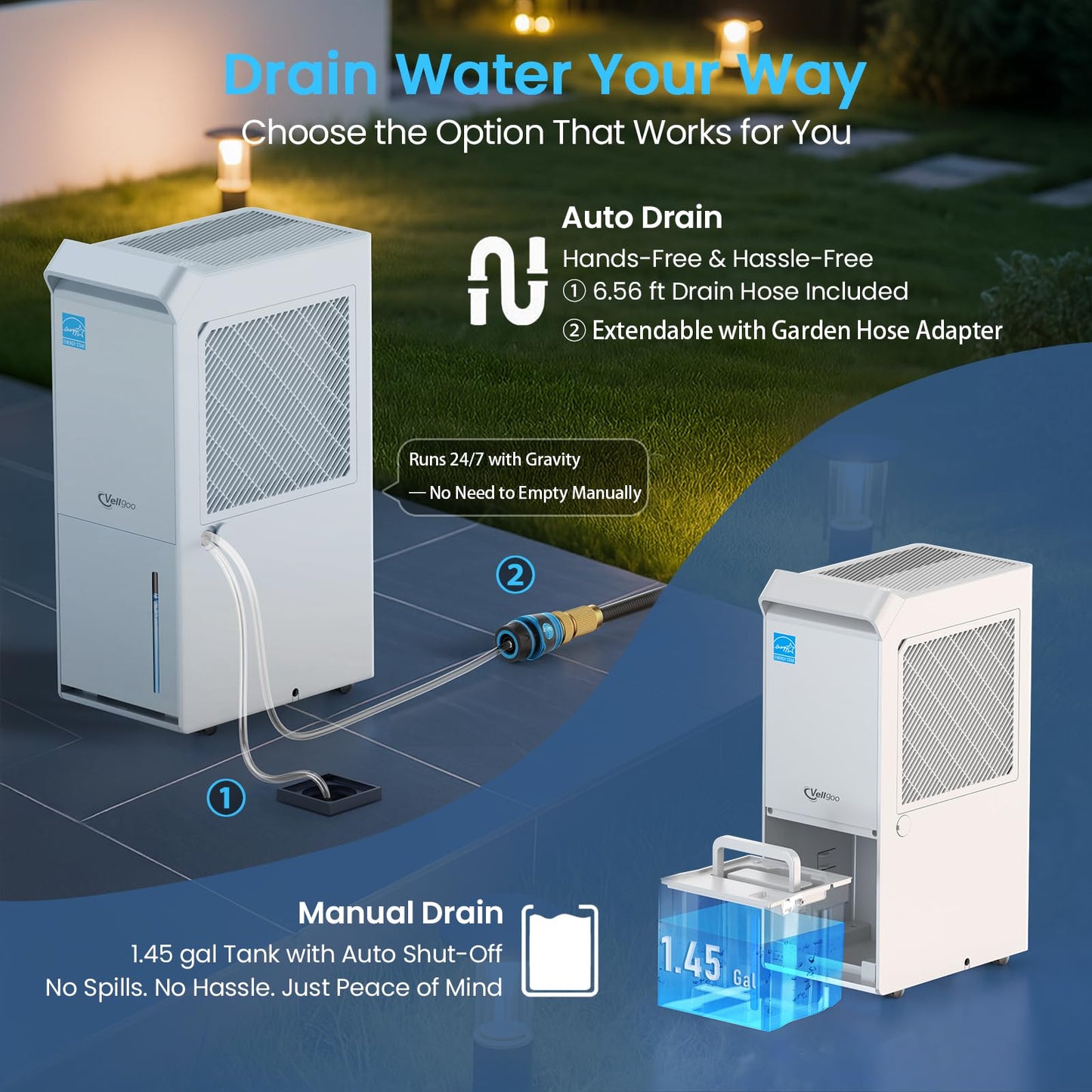 2500 Sq.Ft Most Efficient Energy Star 2025 Dehumidifier,Vellgoo Max 34 Pint/D Dehumidifier for basement with Drain Hose, Intelligent Humidity Control for Home,Bedroom, Bathroom