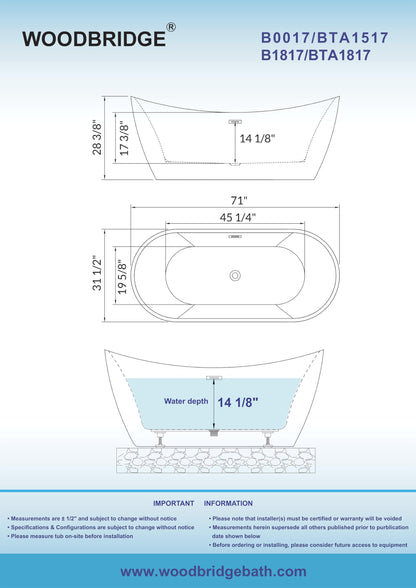 WOODBRIDGE 71"Freestanding White Acylic Soaking Bathtub with Brushed Gold Drain and Overflow,BTA1517 -BG-Drain &O