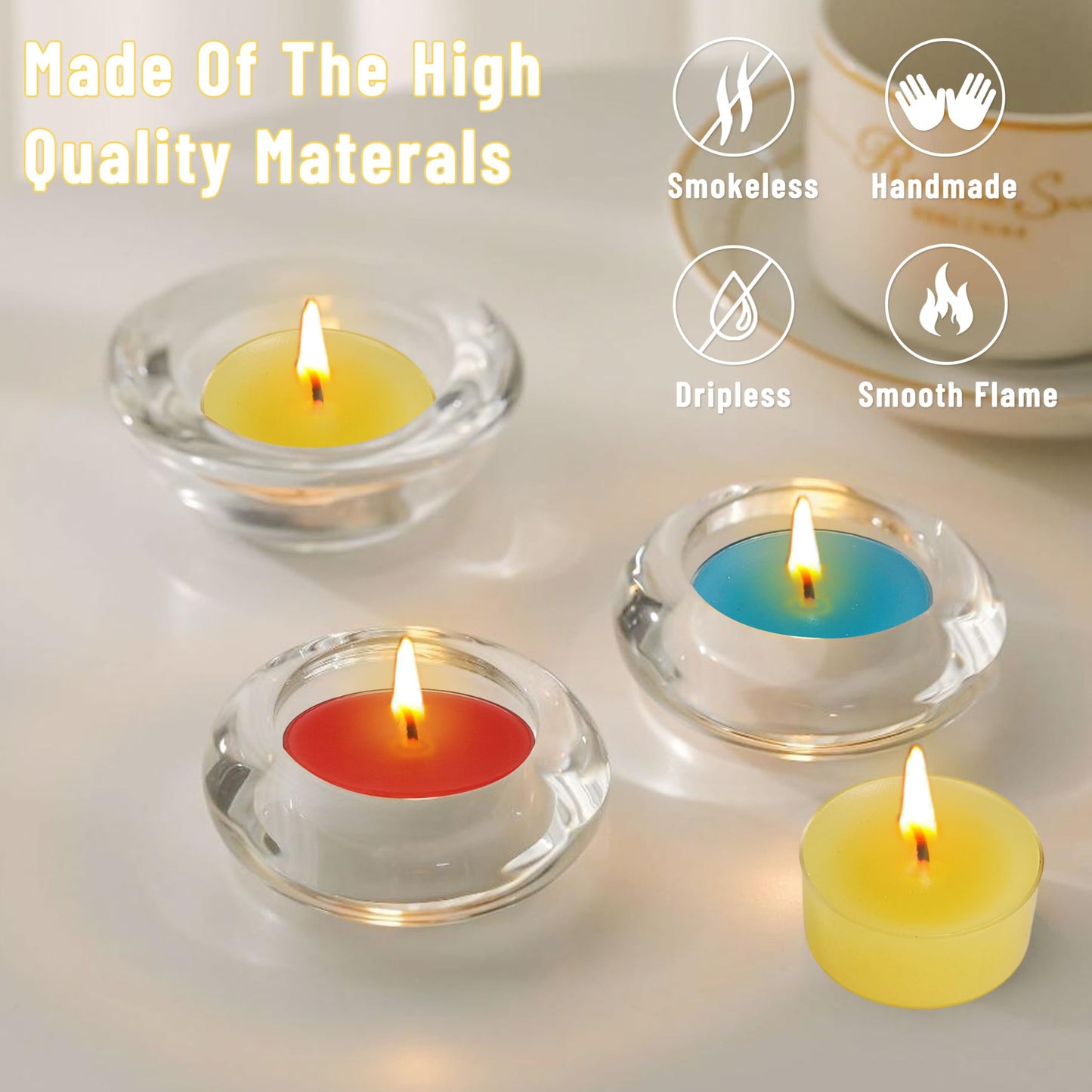 Scented Tea Light Candles 12 Pack Hand Poured 3 Color Smokeless 4 Hours Clean Burning Small Round Clear Cups Tealight Candles for Romantic Dinners Wedding Centerpieces Cozy Evenings