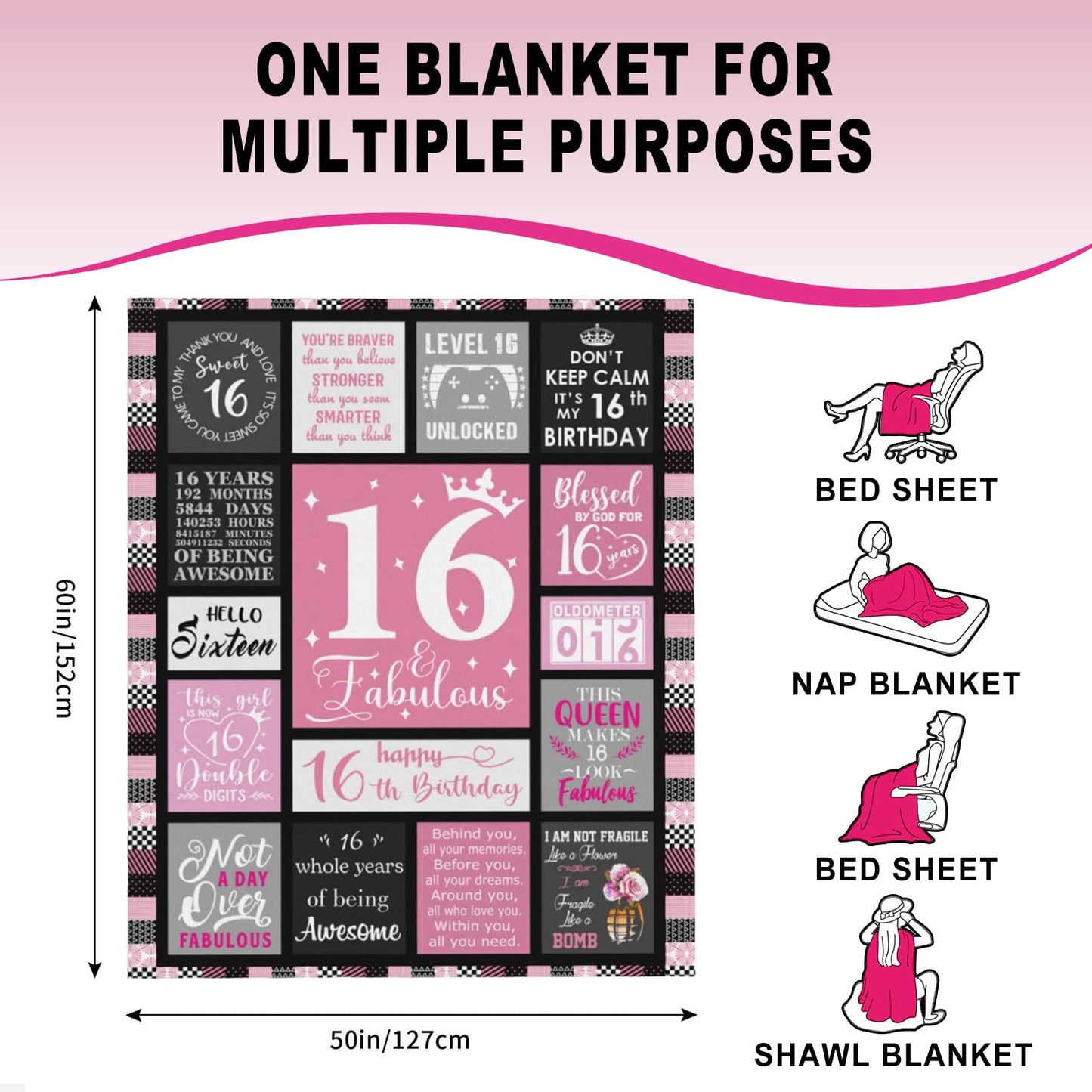 Atokker Sweet 16 Gifts for Girls - Cozy Blanket 50"x60", 16th Birthday Present for Teens, Unique Party Decoration, Perfect Sweet Sixteen Gift Ideas for Teenage Girls