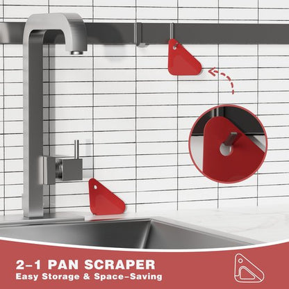Food Scraper, 2-in-1 Pot and Pan Dish Scraper, Nylon and Silicone, Kitchen Scraper Tools for Cast Iron Skillets, Cookware, Dishes, Pans and Pots, Heat Resistant, Set of 3 - Red