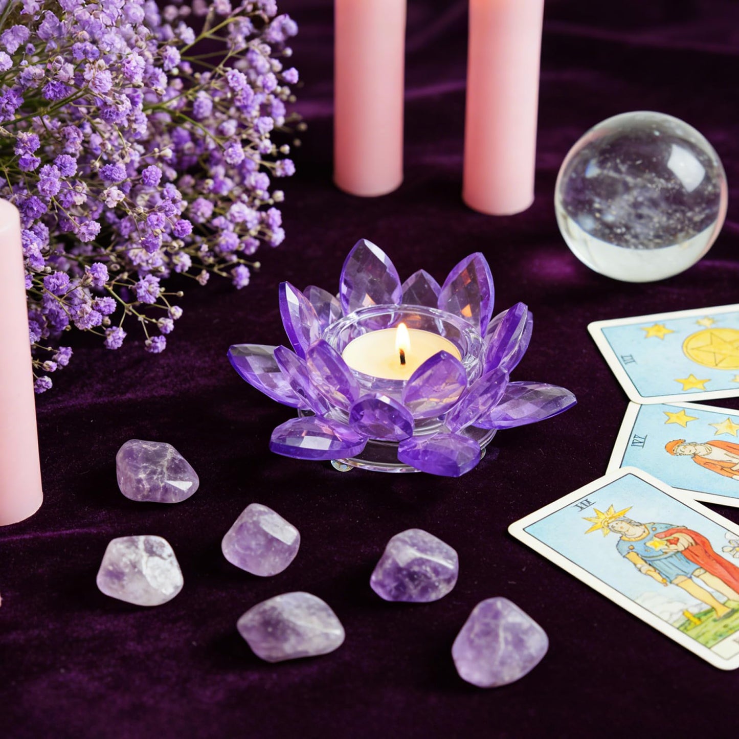 Kolnlala 2 Pcs Purple Crystal Lotus Flower Tealight Candle Holder | Glass Votive Candlestick Decor for Home, Wedding, Party & Christmas Table Centerpieces
